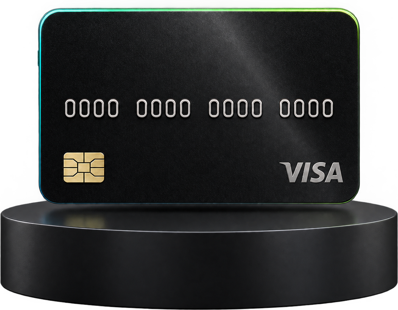 The Bitnetex Visa card, black with a glowing edge, standing on a pedestal